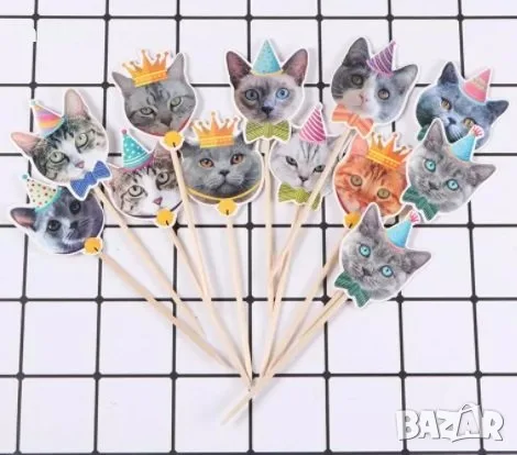 Коте Котка Happy Birthday картонен топер 12 бр топери украса декор парти рожден ден торта мъфини, снимка 5 - Други - 51394601