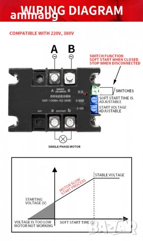 ANIMABG Модул за плавен старт и стоп на монофазен двигател, Модел SSR-100WA-R2, 4KW, Черен, снимка 9 - Друга електроника - 39264895