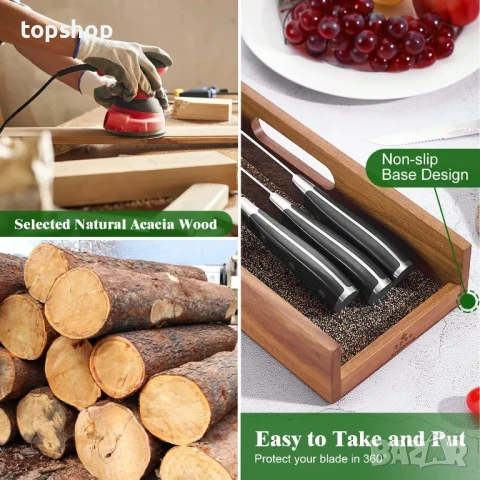 Органайзер за чекмеджета за ножове Enoking, блок за ножове с коркови разделители, акациево дърво, снимка 5 - Други стоки за дома - 50455373