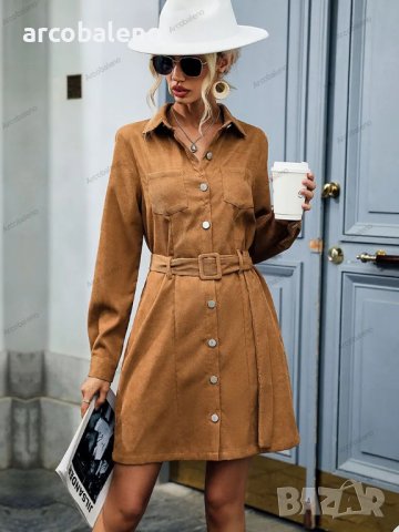 Дамска рокля от рипсено кадифе с дълъг ръкав в стил риза с ревер, снимка 6 - Рокли - 42080824