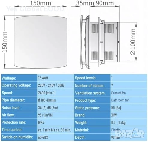 Вентилатор за баня 100mm с влагосензор и таймер, снимка 2 - Други стоки за дома - 53735362