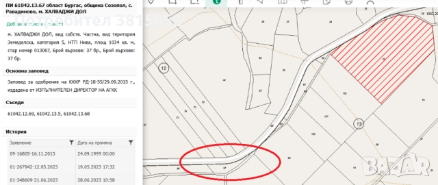 ПАРЦЕЛ ВЪВ ВИЛНА ЗОНА /Нива Кат. V/, Халваджи Дол, Равадиново, Созопол, снимка 2 - Парцели - 51763665