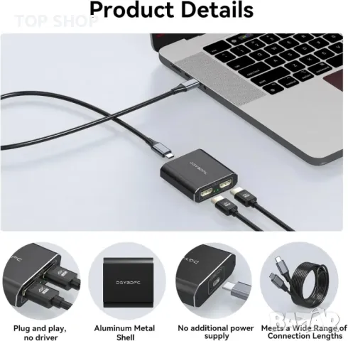 DGYBDFC USB C към двоен HDMI сплитер конвертор 4K@60Hz Type C към двоен HDMI адаптер, снимка 4 - Друга електроника - 49457570