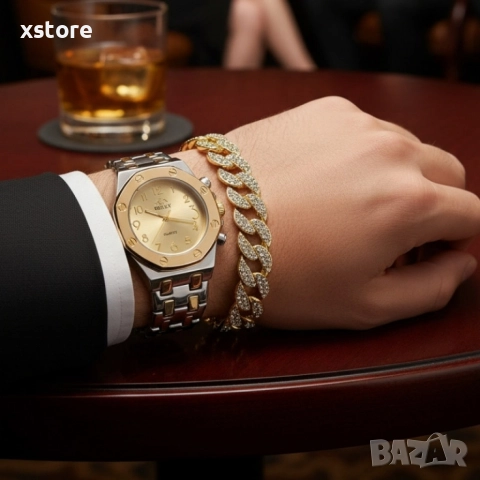 Модерен унисекс часовник със златист циферблат и блестяща гривна, снимка 4 - Мъжки - 52791004