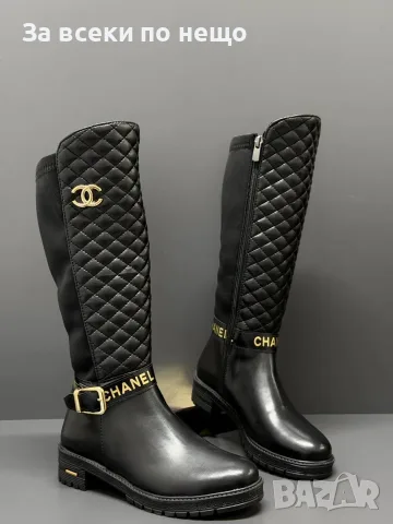 Chanel Луксозни Черни Дамски Ботуши До Коляното С Капитониран Дизайн И Златно Лого Код SEM-770