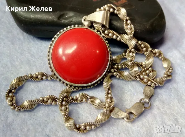 МАРКОВО СРЕБЪРНО КОЛИЕ с СРЕБЪРЕН МЕДАЛЬОН СРЕБРО 925 ITALY с ЮВЕЛИРНО ШЛИФОВАН ЧЕРВЕН КОРАЛ 34928, снимка 2 - Колиета, медальони, синджири - 49328153