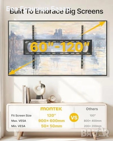 Нова Фиксирана стенна стойка за голям ТВ до 120" VESA 900x600 136кг, снимка 2 - Стойки, 3D очила, аксесоари - 53530095