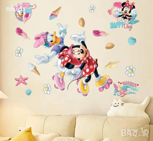 Мини Маус и Дейзи на кънки самозалепващ стикер лепенка за стена мебел прозорец детска стая детски, снимка 2 - Други - 53852594