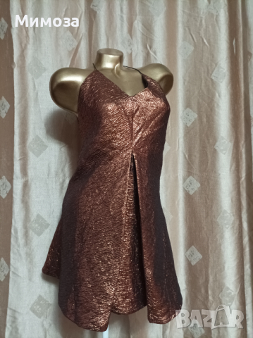 S,M,L  Златиста къса рокля с гол ръкав, снимка 1 - Рокли - 36264654