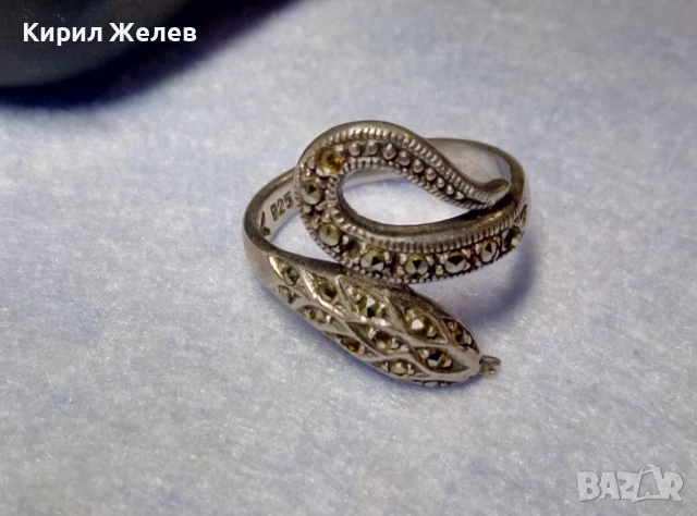 ЗМИЕВИДЕН МАРКОВ МАРКАЗИТЕН СРЕБЪРЕН ПРЪСТЕН СРЕБРО 925 с БЛЕСТЯЩИ ФАСЕТИРАНИ МАРКАЗИТИ 47472, снимка 3 - Пръстени - 50489040