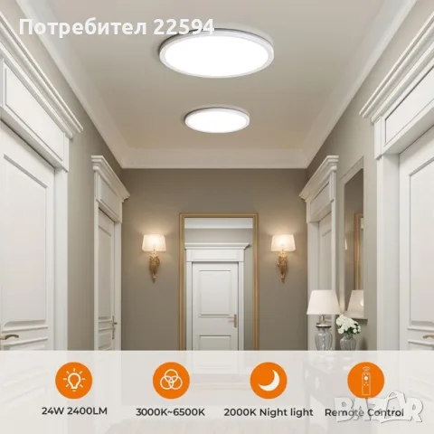 Димируемо LED таванно осветление с дистанционно – 24 W Кръгло Бяло, снимка 2 - Лампи за таван - 55781716