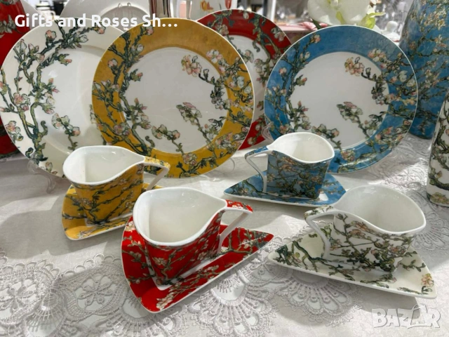 Комплект от 4 порцеланови чаши за кафе 100 мл с чинийки + 4 десертни порцеланови чинии