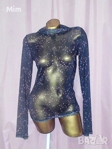 М/L Черна блуза с дълъг ръкав от еластичен прозрачен тюл с розови фигури 