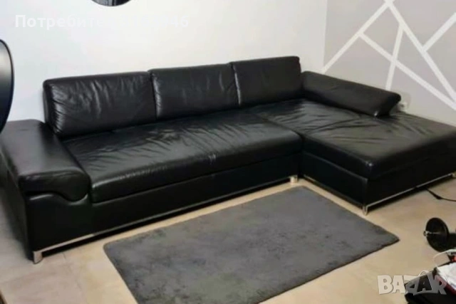  Ъглов диван от естествена кожа – черен (300 × 170 см) Ъглов диван от естествена кожа – черен (300 ×, снимка 2 - Дивани и мека мебел - 53856634