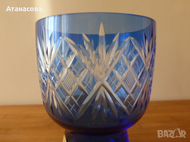 Синя кристална ваза дизайн Karin Grigat Германия 1970 г, снимка 3 - Вази - 42359302