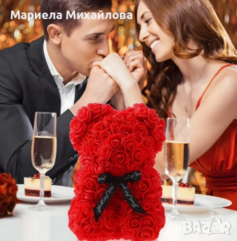 Плюшено мече с LED рози - подарък за мама, момиче, баба - комплект вечни рози 25 см.
