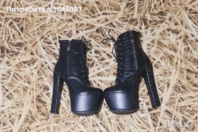 Луксозни дамски черни боти от релефна изкуствена кожа с висок ток и платформа-олекотени . N36 НОВИ , снимка 7 - Дамски боти - 53046956