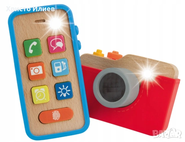 Детски дървен телефон сматрфон и дървен фотоапарат