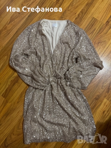  Нова парти коктейлна официална къса златна златиста рокля пайети паетена , снимка 5 - Рокли - 46576720