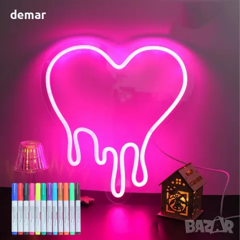 Неонов знак със сърце, розов LED знак със сърце, USB, димируем, с 12 цветни маркера, снимка 1