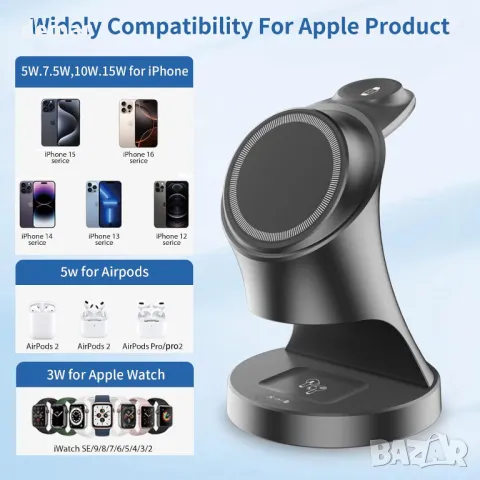 Csspew 3 в 1 магнитно безжично зарядно за Apple устройства, 15W, черно, снимка 4 - Аксесоари за Apple - 50401110