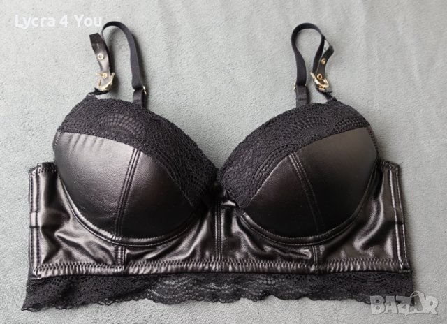 75В черен кожен сутиен/бюстие с дантела на чашките и подгръдната част., снимка 8 - Корсети, бюстиета, топове - 41580522