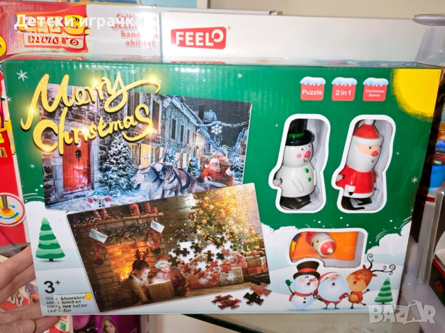 Коледни пъзели с фигурки на Дядо Коледа и снежния човек, коледен комплект 2в1