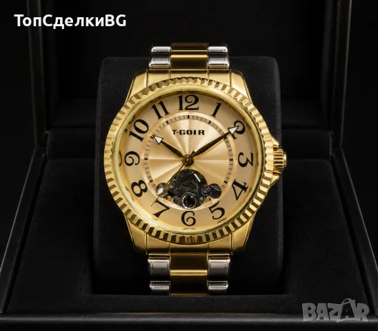Механичен мъжки часовник T-GOER Golden Classic Open Heart – златист циферблат