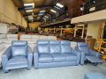  Син кожен диван тройка, два фотьойла и табуретка с ел.релакс, снимка 3
