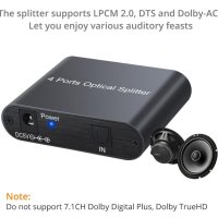 1X4 SPDIF TOSLINK Оптичен Сплитер за Цифрово Оптично Аудио 1х Вход 4х Изхода LPCM 2.0 DTS Dolby-AC3, снимка 5 - Ресийвъри, усилватели, смесителни пултове - 41469933