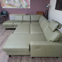 Зелен кожен П образен ъглов диван ZE-EM09002 с функция сън, снимка 5 - Дивани и мека мебел - 44244839
