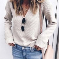 Голям дамски пуловер с V-образно деколте, 6цвята , снимка 6 - Блузи с дълъг ръкав и пуловери - 42469751