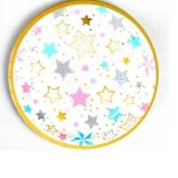 Бели на шарени Звезди 10 бр парти чинии чинийки, снимка 1 - Чинии - 41915603