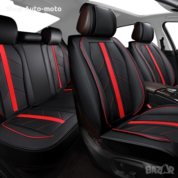 Универсална тапицерия за кола Automat 1171 – 5 части, еко кожа, Черен с червен, снимка 1
