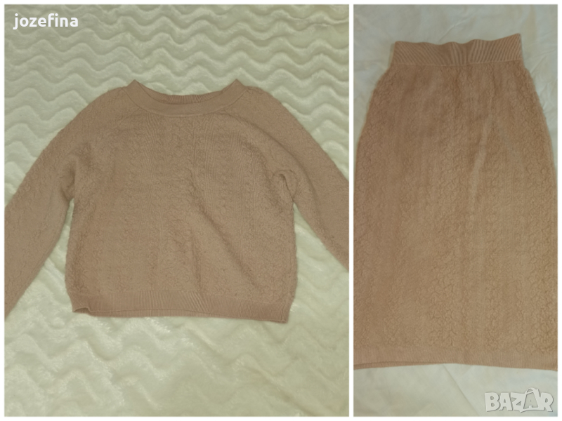 Мек, дебел комплект от блуза и пола в цвят капучино, снимка 1