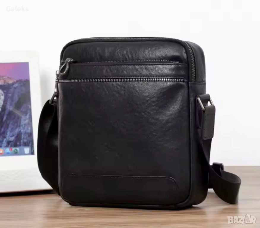Мъжка елегантна дизайнерска чанта за през рамо /Черна естествена кожа!, снимка 1