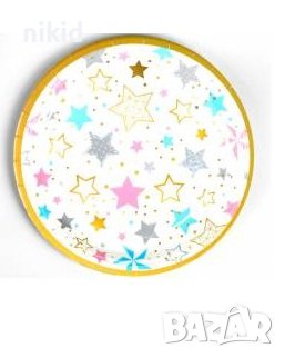 Бели на шарени Звезди 10 бр парти чинии чинийки, снимка 1