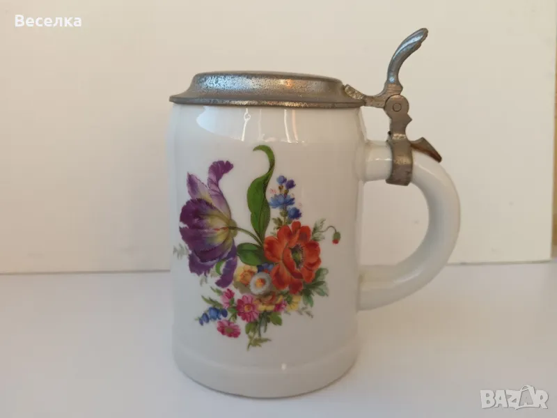 WMF, ВМФ голяма порцеланова халба с калаен капак, декор мейсенски букет , снимка 1