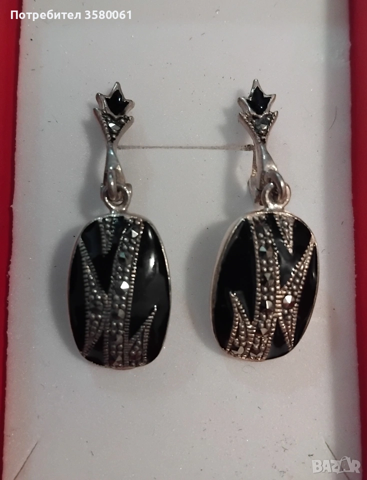 Сребърни обеци с оникс и марказитом, снимка 1