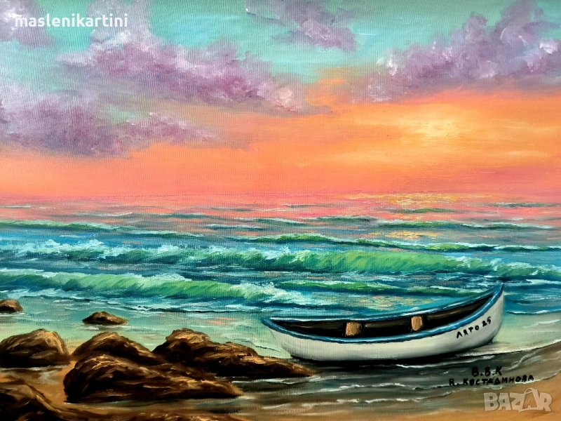 Морски залез и лодка маслена картина пейзаж , снимка 1