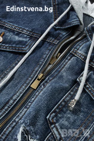 Дамско дънково яке в тъмносин цвят, с контрастна сива подплата, снимка 5 - Якета - 50791545