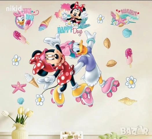 Мини Маус и Дейзи на кънки самозалепващ стикер лепенка за стена мебел прозорец детска стая детски