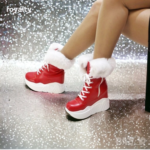 Боти на платформа - червена кожа с бяло ходило, снимка 3 - Дамски боти - 52163347