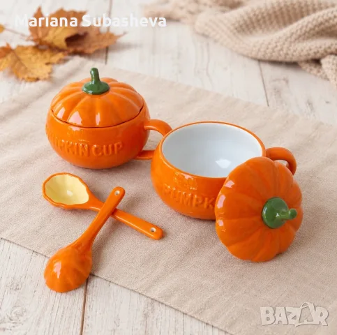 Керамични купи във формата на тиква с лъжички (комплект от 2 бр.) 