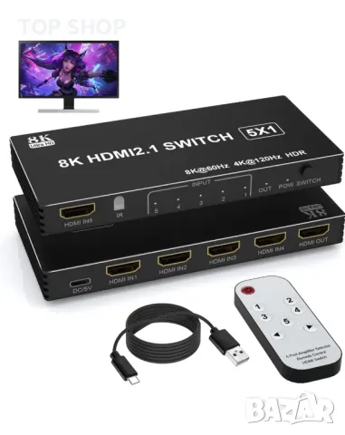 HDMI превключвател 4K 120Hz 8K 60Hz, 5 In 1 Out HDMI Splitter Switch with IR Remote, 5 Port HDMI 2.1