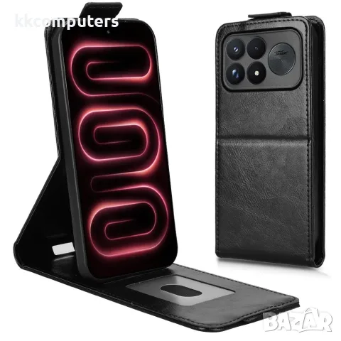 За Xiaomi Poco F9 Ultra 5G PU Кожен Калъф с Вертикално Отваряне, Стойка и Скрийн Протектор – Черен/С