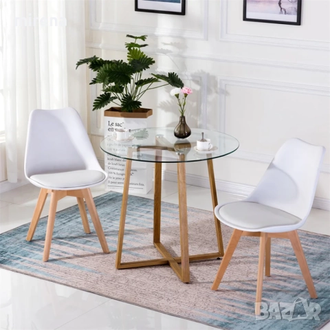 Кръгла стъклена трапезна маса с метални крака 80*80*75 см - Стъкло