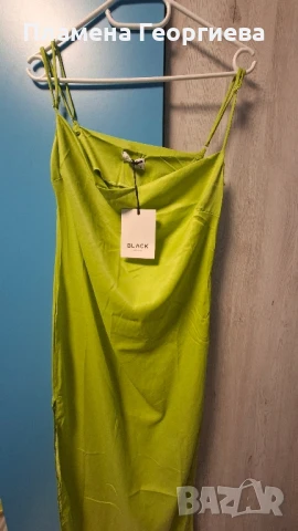 Страхотна зелена сатенена дамска рокля С размер, снимка 6 - Рокли - 51348381