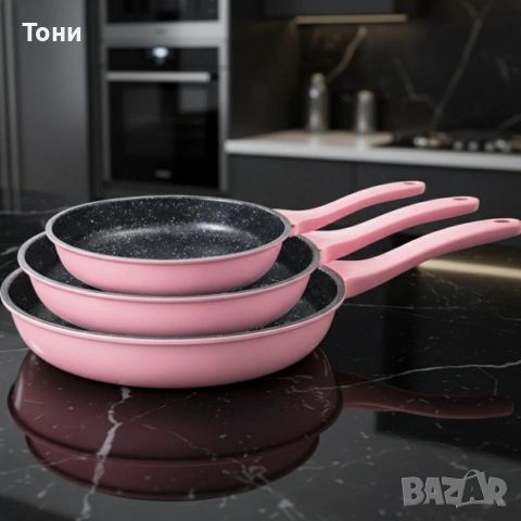 Комплект тигани Cheffinger розово с мраморно покритие – 3 части за всяка кухня - розов цвят, снимка 2 - Прибори за хранене, готвене и сервиране - 53158673
