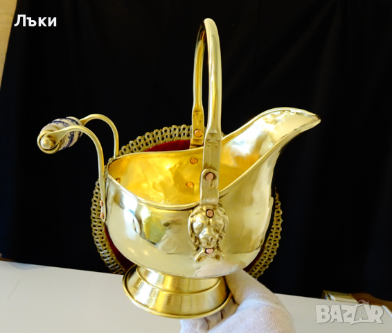 Старинен месингов съд,лъвски глави,порцелан., снимка 9 - Антикварни и старинни предмети - 36251760